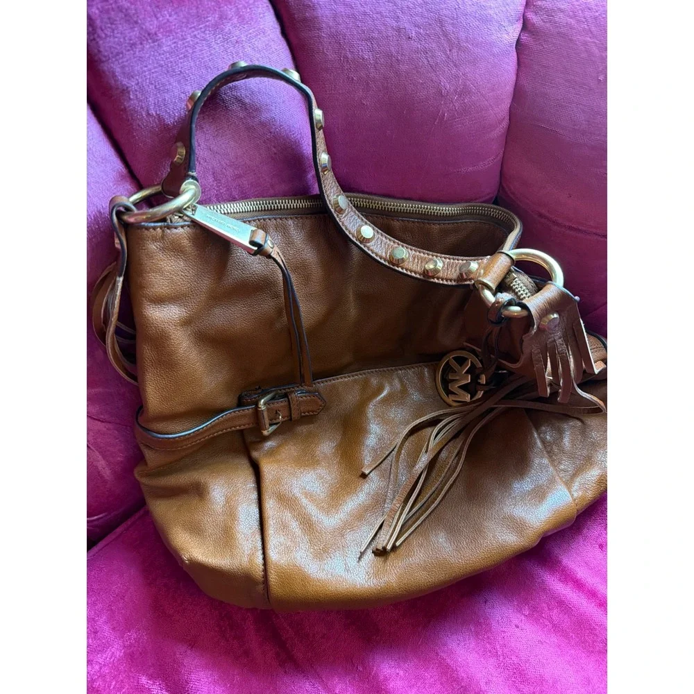 Michael Kors Brown Leather Fringe Hobo Bag Studded Strap Gold Tone Hardware